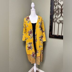 Angie mustard floral boho open long kimono